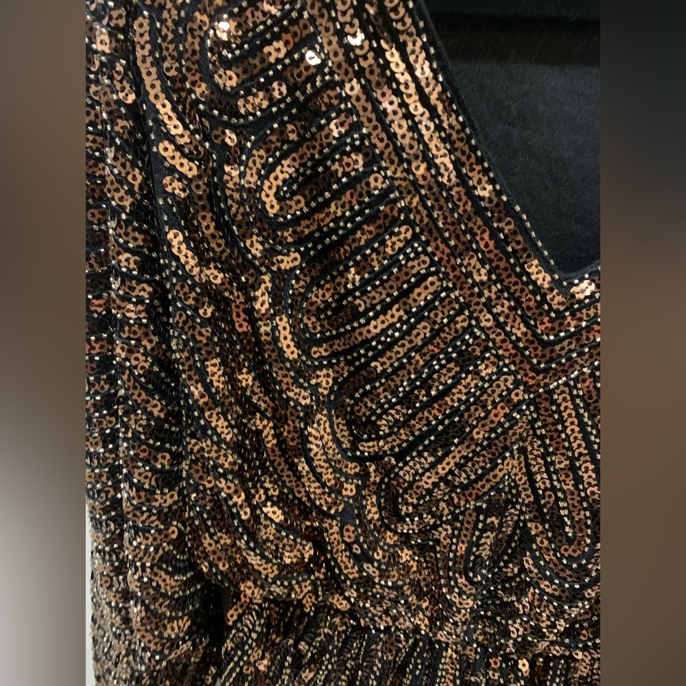 ENDLESS ROSE Long Sleeve V-Neck Gold Black Ruffled Hem Sequins Evening Top Sz M - Picture 4 of 8
